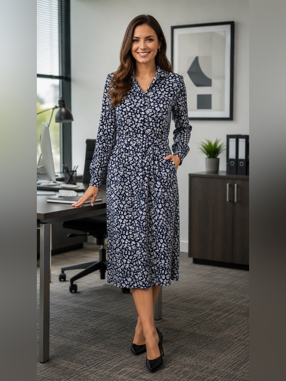 Vintage Navy Floral Long-Sleeve Midi Dress